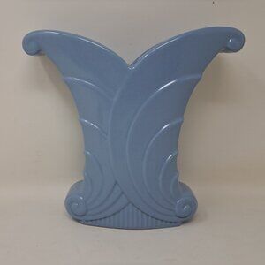 Vintage Abingdon Pottery USA Blue Art Deco Flared Leaf Scrolled Vase 9" #513